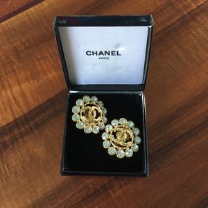 CHANEL Gold and Rhinestone Clip-on Earrings